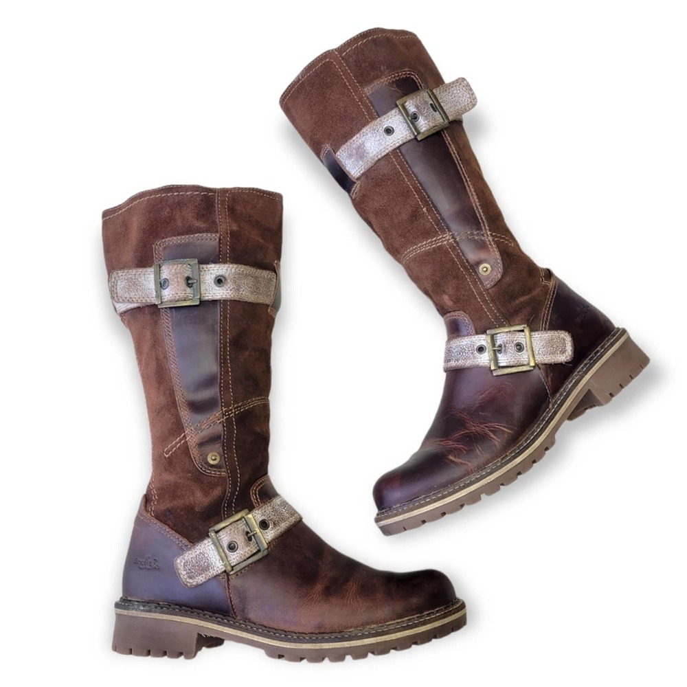 Women's Brown Leather Suede Mid-Calf Buckle Winter Boots - Picture 3 of 10